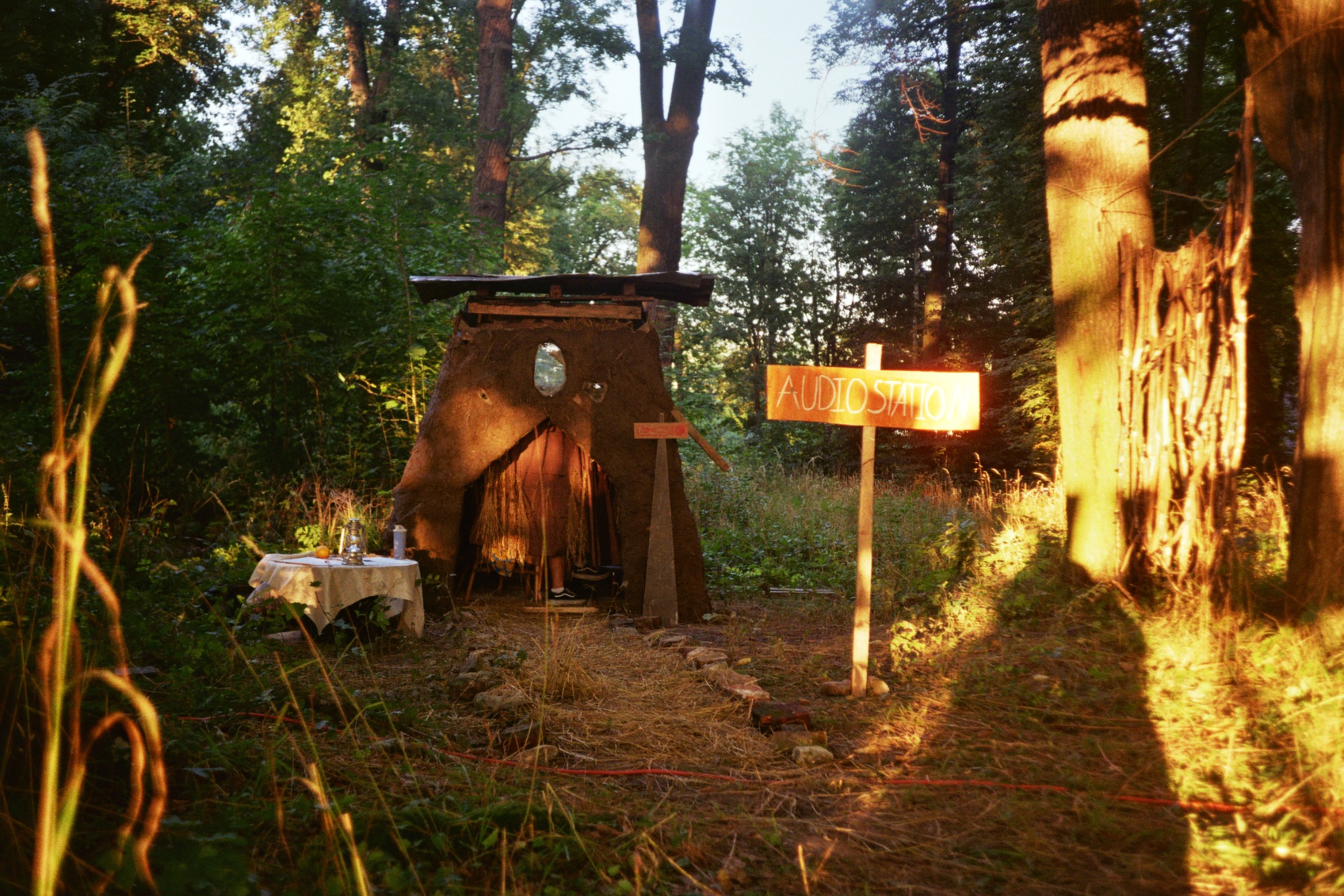 Handmade sound station in a forest